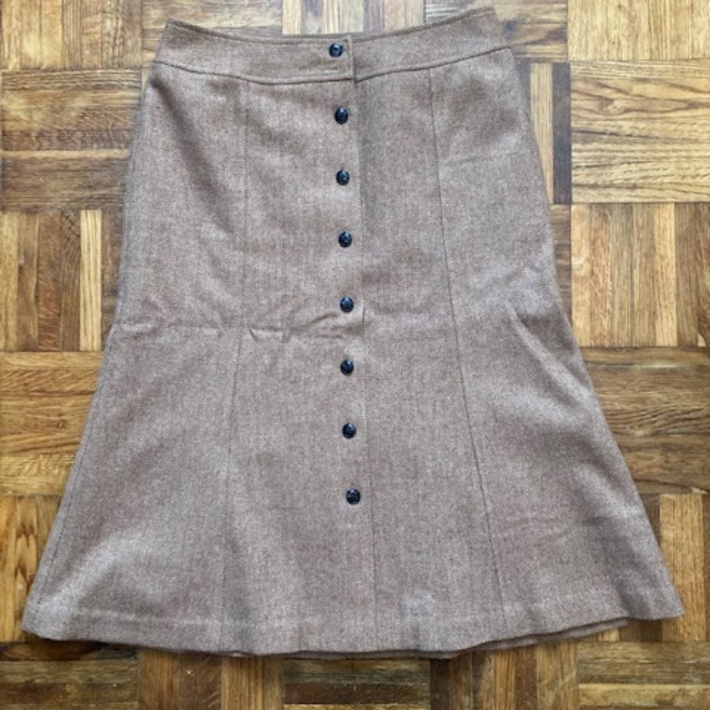 Vintage Inspired Talbots Tan Herringbone Wool A Line Button Down Skirt Size 6